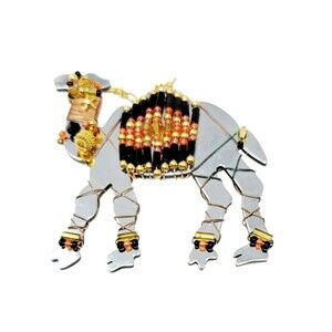 Liztech Signed Brooch Camel Mirrored Chrome Vintage Beads Handmade 2001 Retired